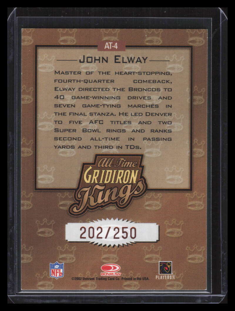 2002 Donruss All-Time Gridiron Kings Studio at4 John Elway 202/250