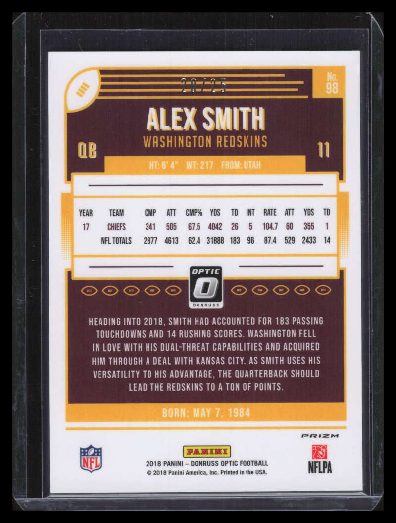 2018 Donruss Optic Black Velocity Refractor 98 Alex Smith 20/25