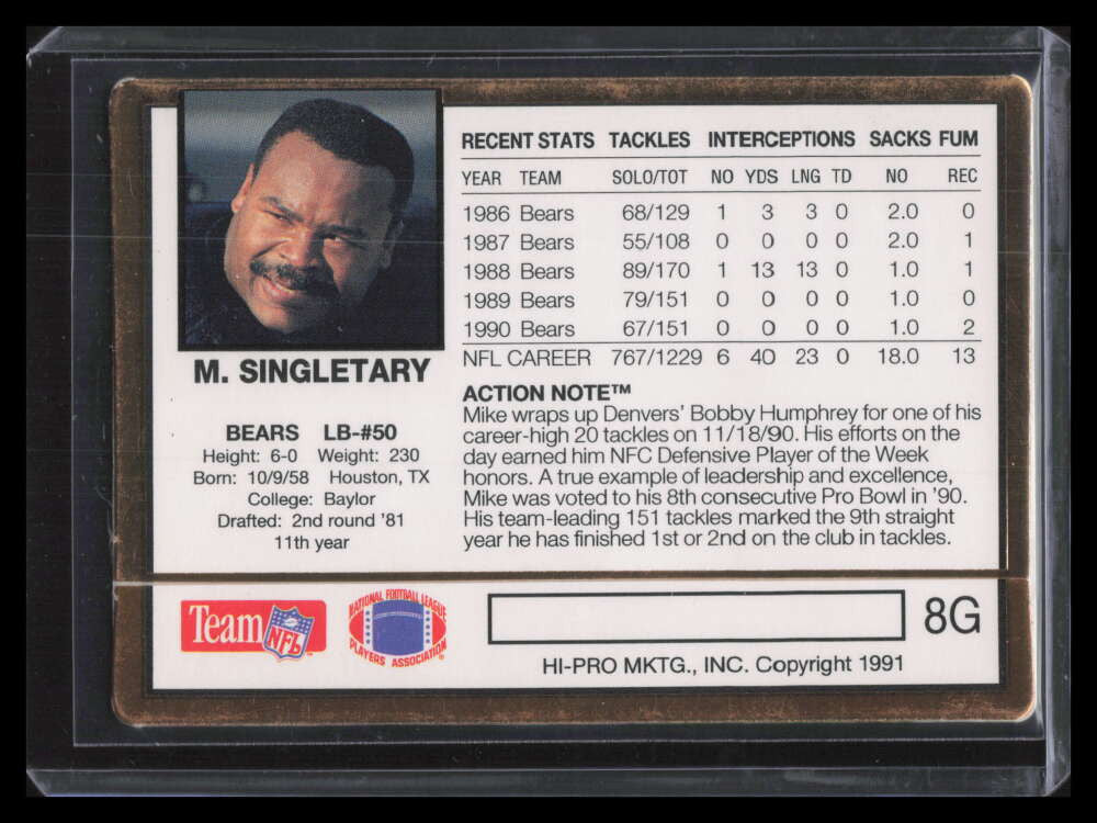 1991 Action Packed 24k Gold 8g Mike Singletary