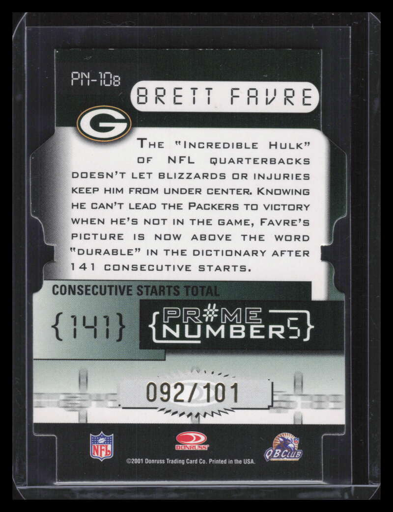 DELETE 135196 2001 Donruss Elite Prime Numbers Die Cuts pn10b Brett Favre 92/101
