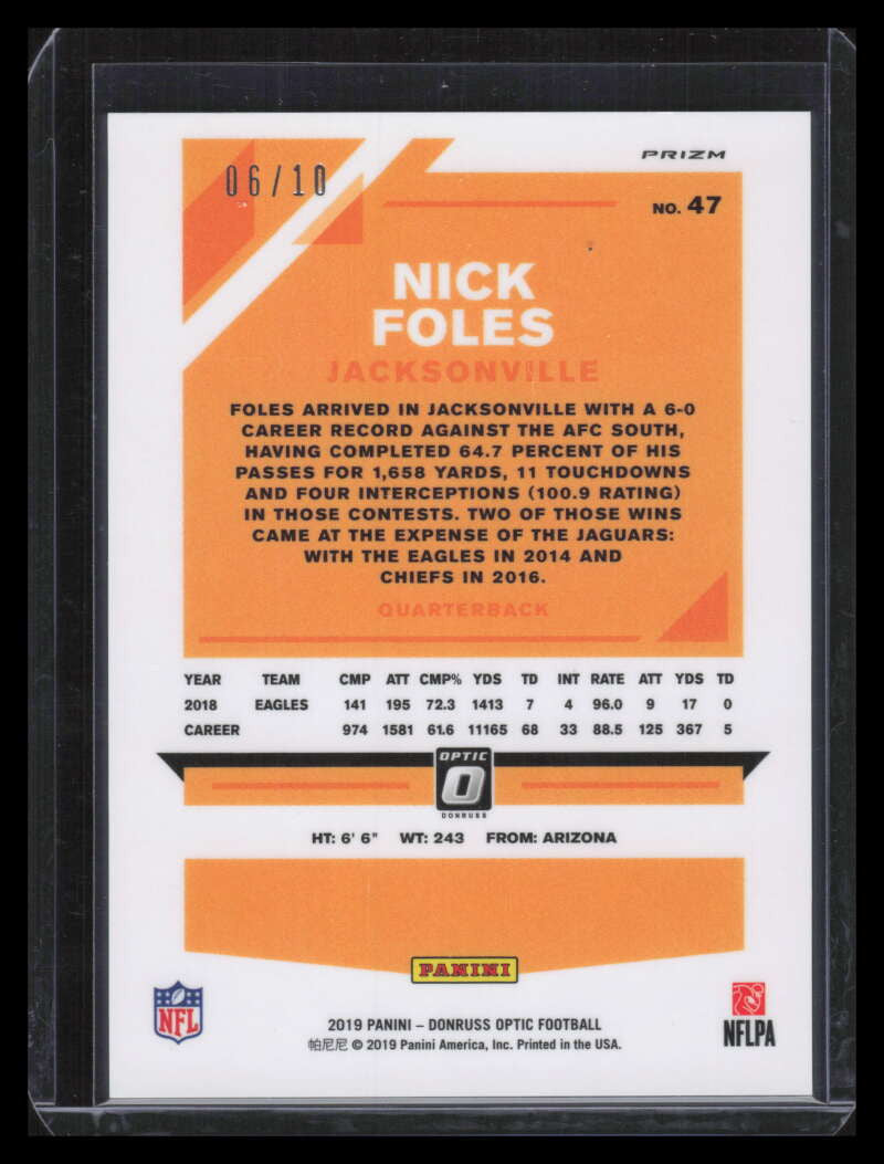 2019 Donruss Optic Gold Refractor 47 Nick Foles 6/10
