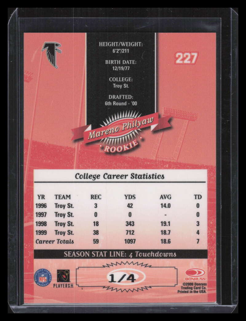 2000 Donruss Stat Line Season 227 Mareno Philyaw Rookie 1/4 MISCUT