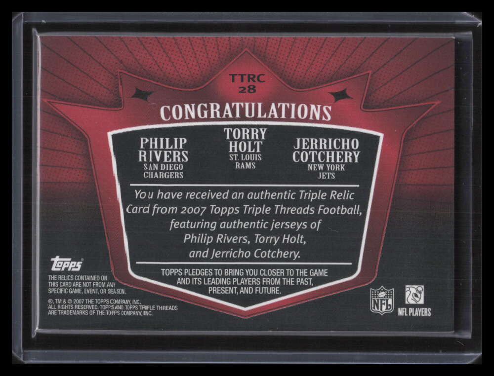 SOLD 135328 2007 Topps Triple Threads Relic Red 28 Cotchery Torry Holt Rivers Jersey 7/36