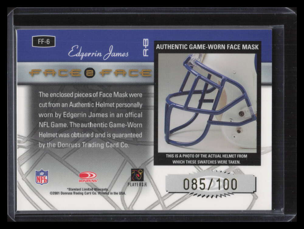 2001 Donruss Elite Face To Face ff6 Edgerrin James Face Mask 85/100