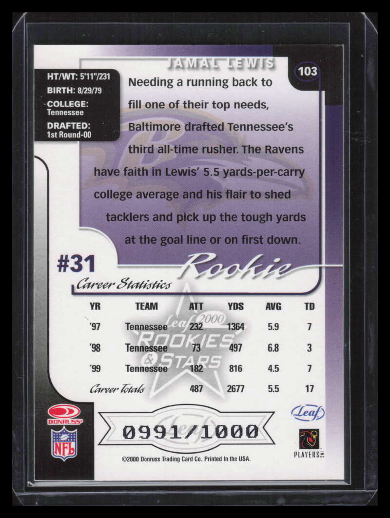 2000 Leaf Rookies and Stars 103 Jamal Lewis Rookie 991/1000