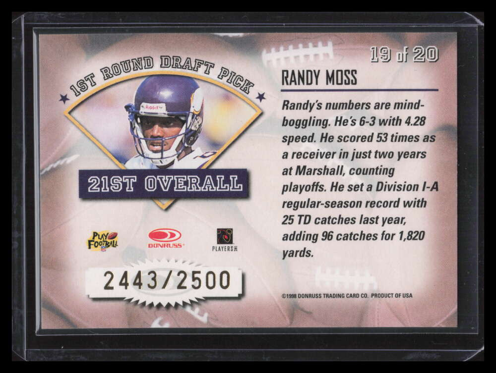 SOLD 135368 1998 Leaf Rookies and Stars Freshman Orientation 19 Randy Moss Rookie 2443/2500