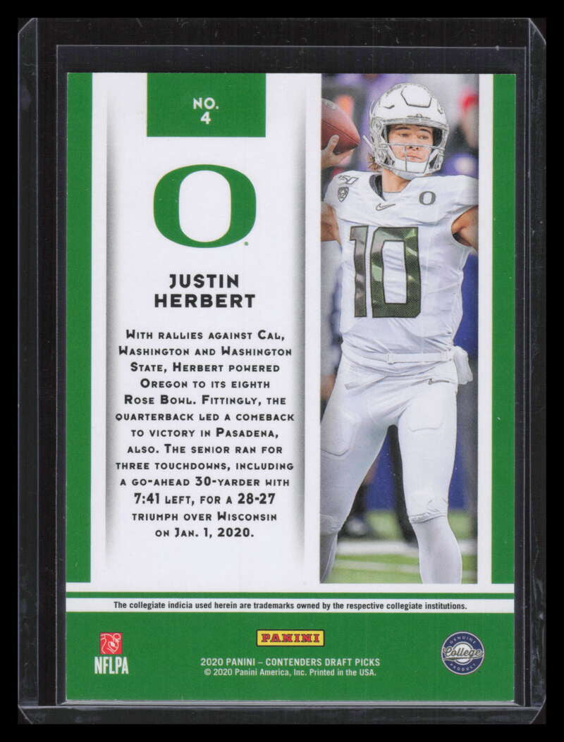 2020 Panini Contenders Draft Game Day Touchdown 4 Justin Herbert Rookie 2/6