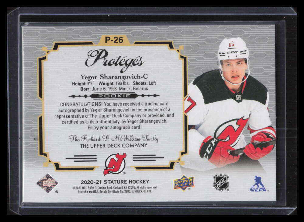 DELETE 135462 2020-21 Upper Deck Stature Proteges Autographs Yegor Sharangovich RC Auto 4/15
