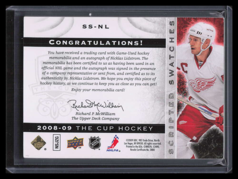 2008-09 The Cup Scripted Swatches SSNL Nicklas Lidstrom Patch Auto 3/25