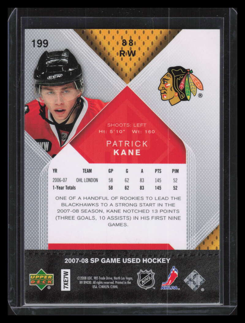 2007-08 SP Game Used 199 Patrick Kane Rookie 63/99 Authentic Rookies