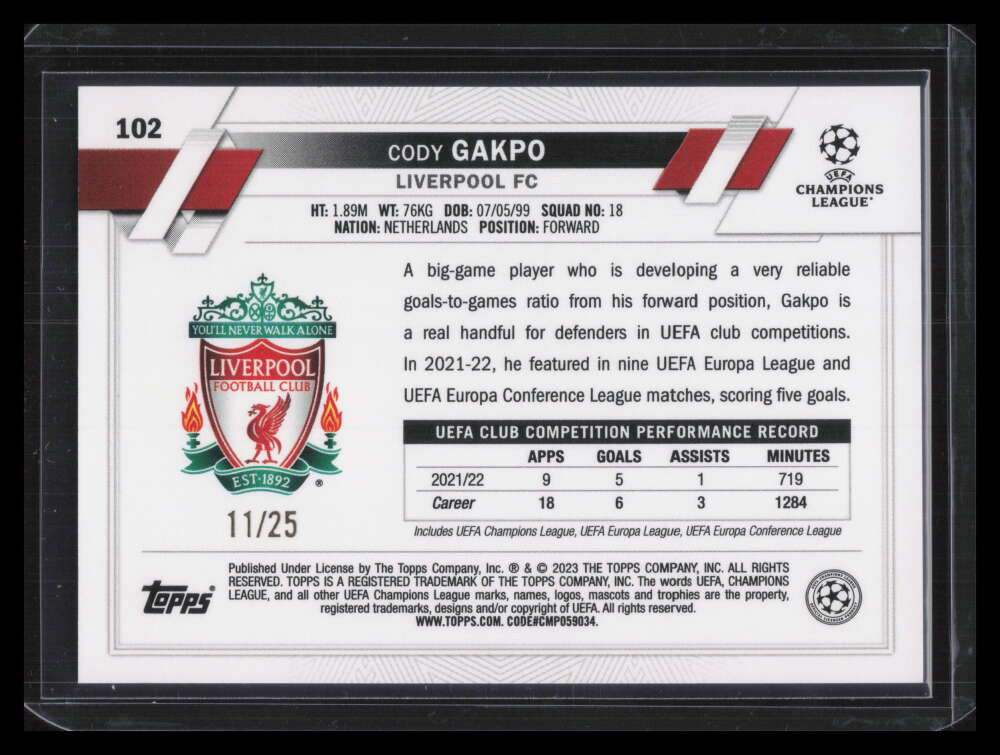 2022-23 Topps UEFA Club Competitions Orange 102 Cody Gakpo 11/25