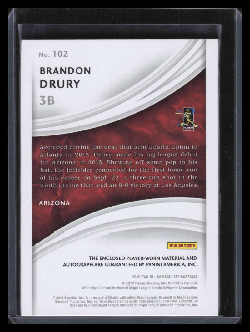 2016 Immaculate Collection Red 102 Brandon Drury Rookie Patch Auto 19/49