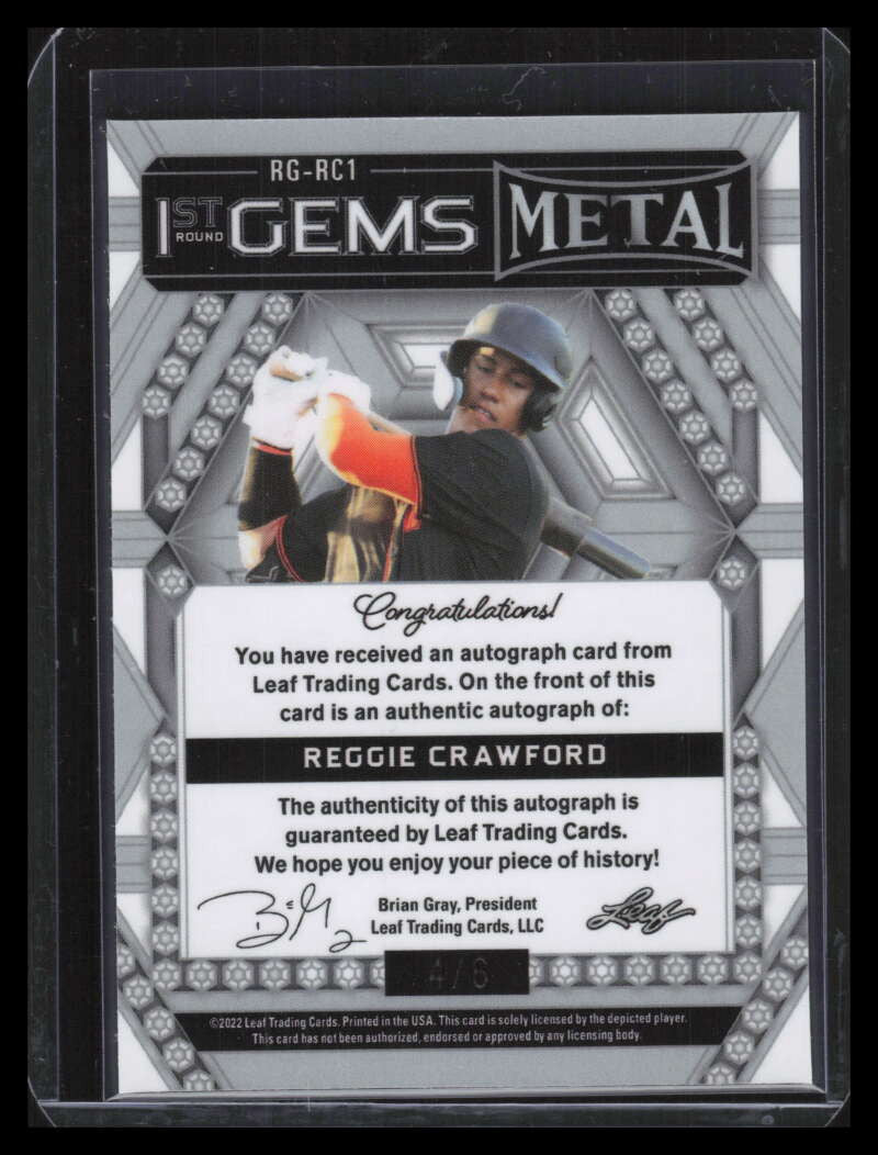 DELETE 135650 2022 Leaf Metal 1st Round Gems Blue Prismatic Reggie Crawford Rookie Auto 4/6
