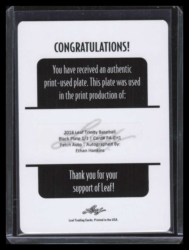 2018 Leaf Trinity Patch Autographs Printing Plate Ethan Hankins Rookie Auto 1/1