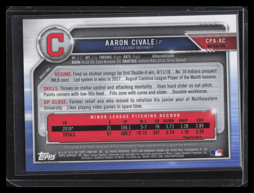 2019 Bowman Chrome Autographs Refractor CPAAC Aaron Civale Rookie Auto 315/499