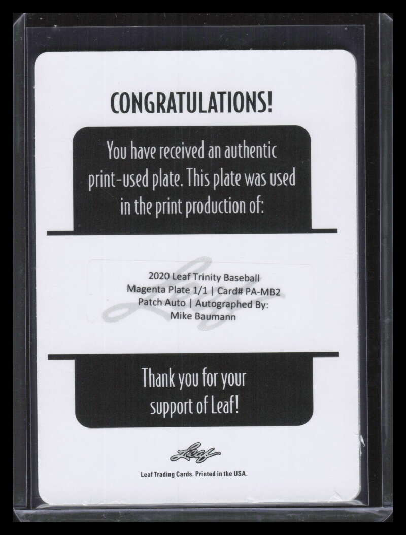 2020 Leaf Trinity Patch Autographs Printing Plate Mike Baumann Rookie Auto 1/1