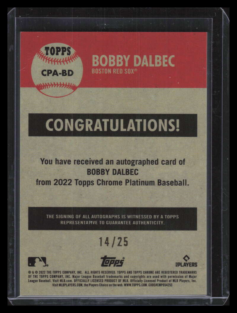 2022 Topps Chrome Platinum Autographs Orange Refractor Bobby Dalbec Auto 14/25