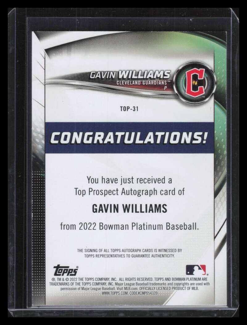 DELETE 135672 2022 Bowman Platinum Prospects Autograph Pink Gavin Williams Rookie Auto 162/199