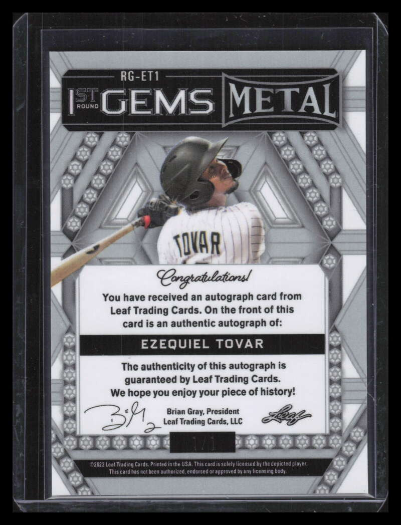 DELETE 135673 2022 Leaf Metal Draft 1st Round Gems Snakeskin Exequiel Tovar Rookie Auto 1/1