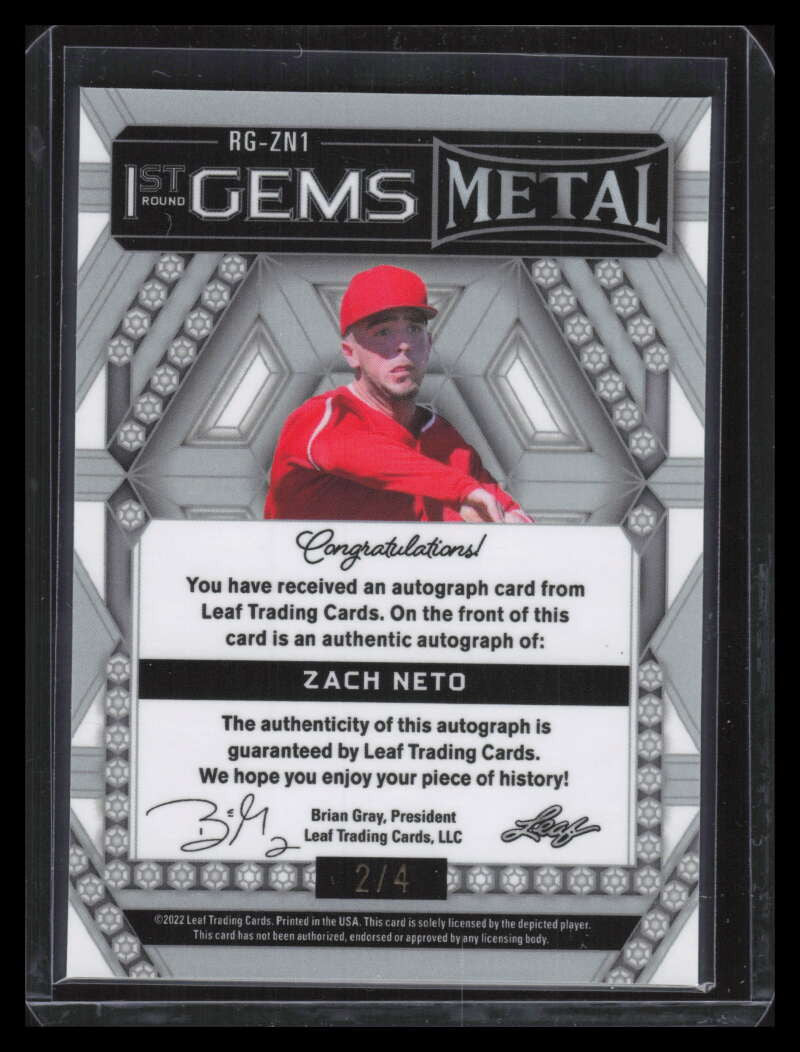 DELETE 135683 2022 Leaf Metal Draft 1st Round Gems Purple Wave rgzn1 Zach Neto Rookie Auto 2/4