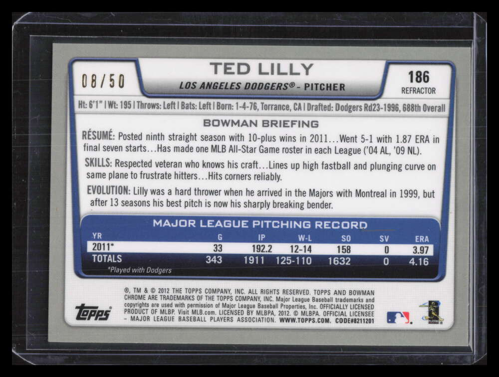 2012 Bowman Chrome Gold Refractor 186 Ted Lilly 8/50