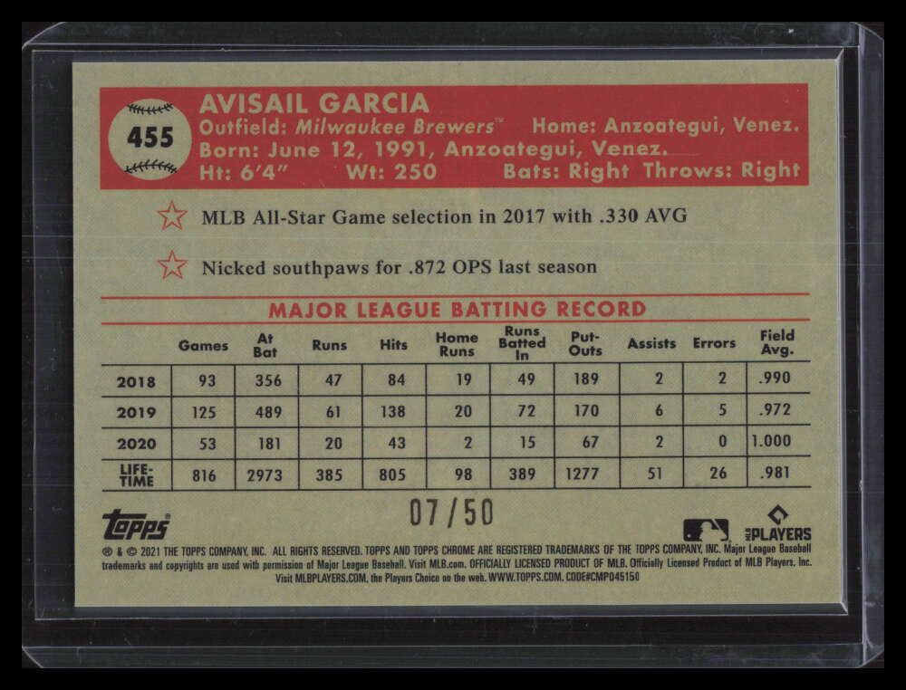 2021 Topps Chrome Platinum Rose Gold 70th Refractor 455 Avisail Garcia 7/50