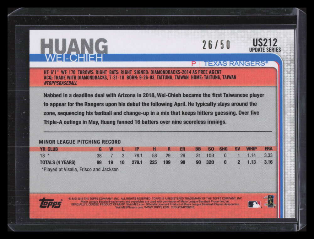 2019 Topps Update Father's Day Blue us212 Huang Wei-Chieh Rookie 26/50