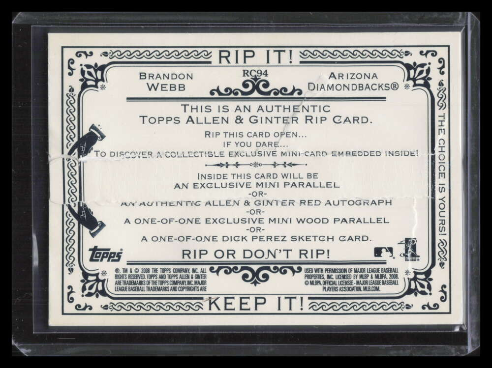 2008 Topps Allen and Ginter Rip Cards rc94 Brandon Webb 75/75 RIPPED