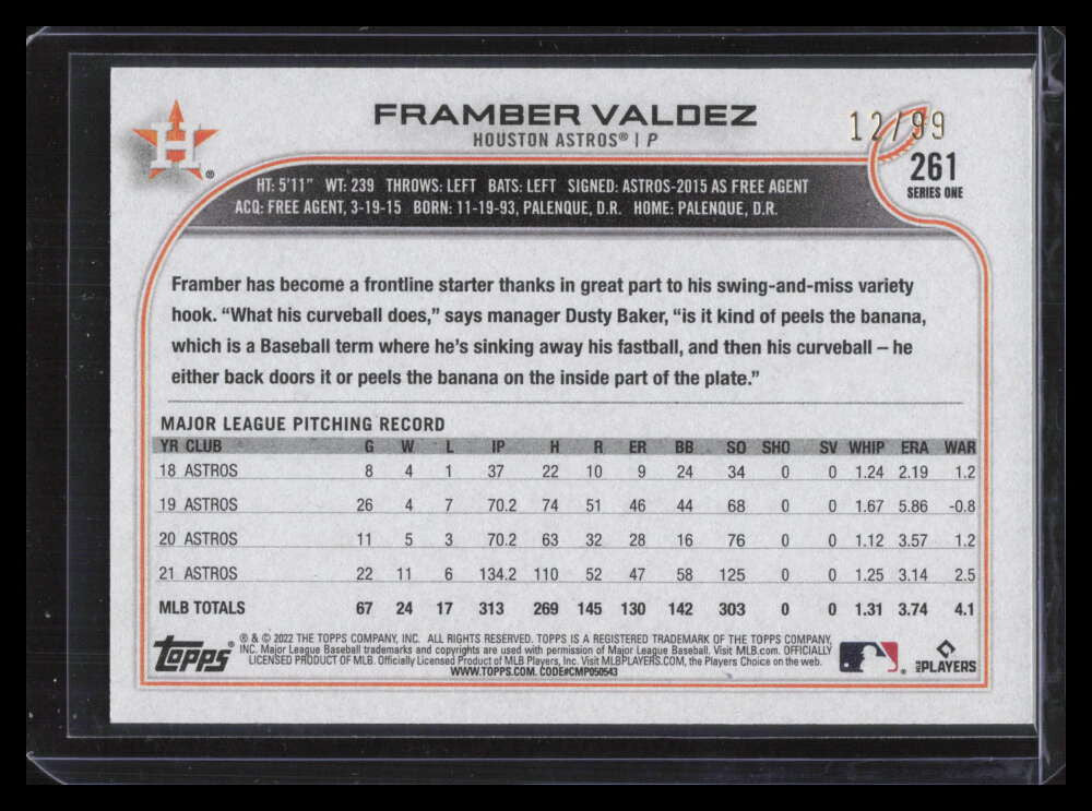2022 Topps Vintage Stock 261 Framber Valdez 12/99
