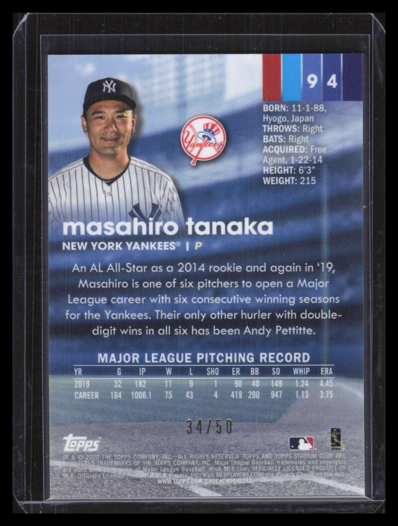 2020 Stadium Club Chrome Gold Refractor 94 Masahiro Tanaka 34/50