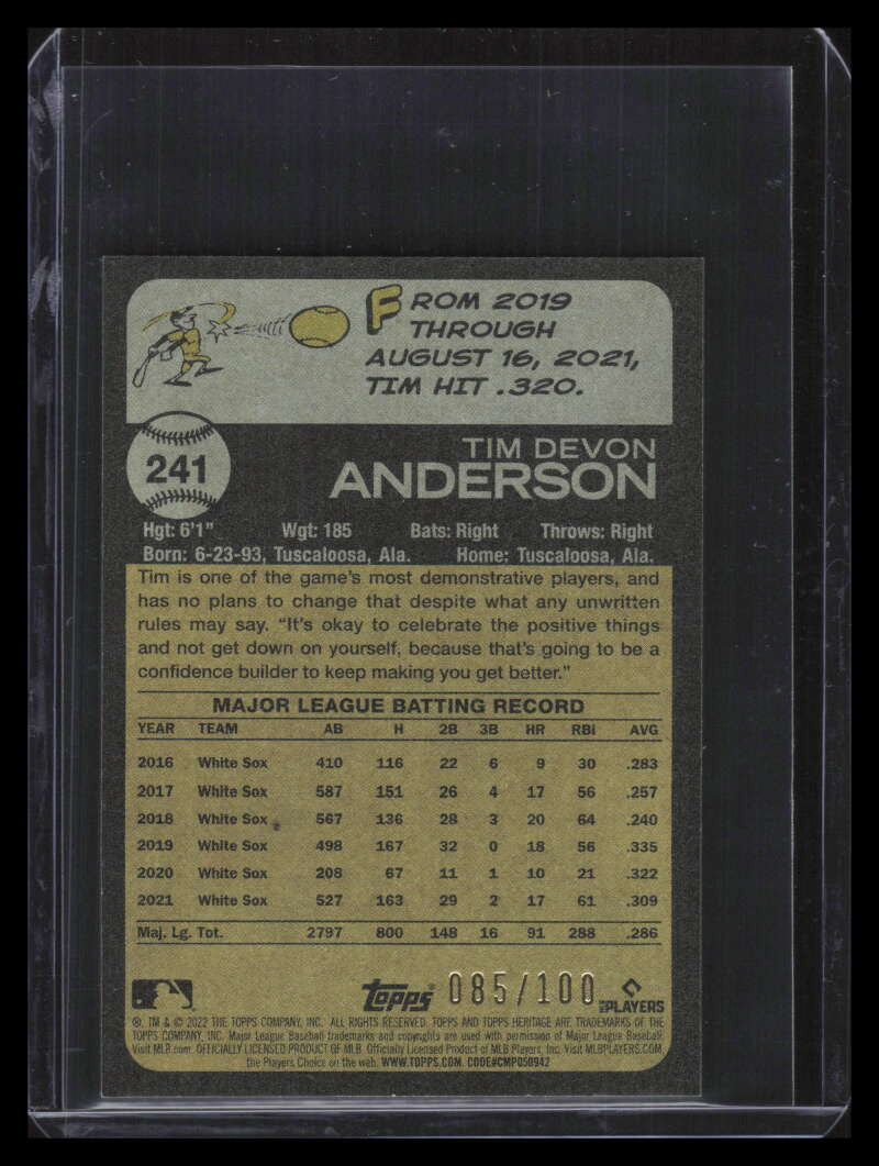 2022 Topps Heritage Mini 241 Tim Anderson 85/100