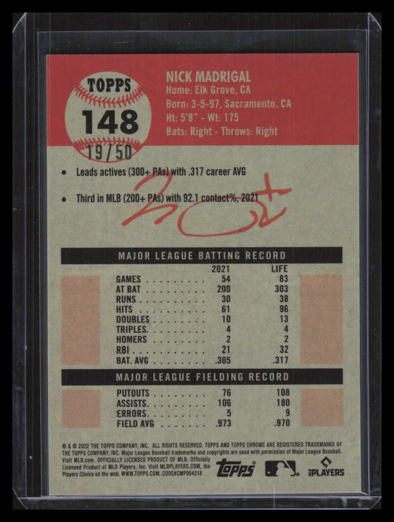2022 Topps Chrome Platinum Toile Cream Gold Refractor 148 Nick Madrigal 19/50