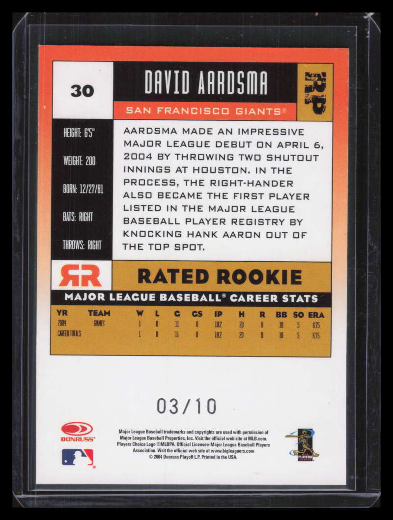 2005 Donruss Press Proofs Black 30 David Aardsma RR Rated Rookie 3/10