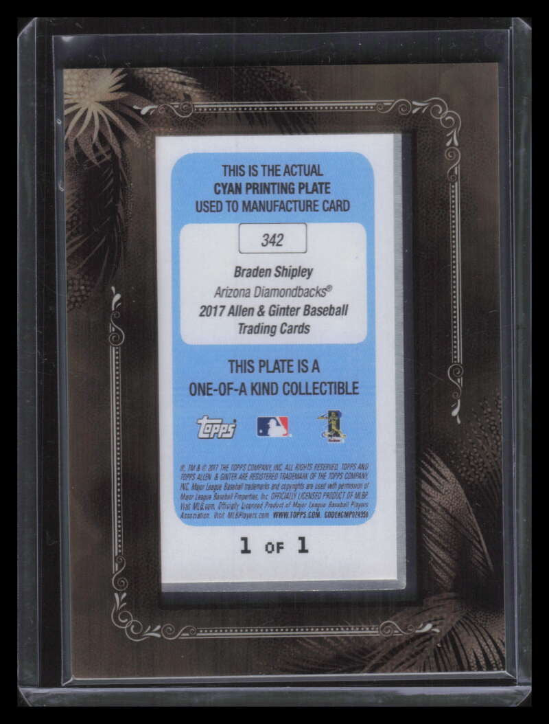 2017 Topps Allen Ginter Framed Mini Printing Plate 342 Braden Shipley Rookie 1/1