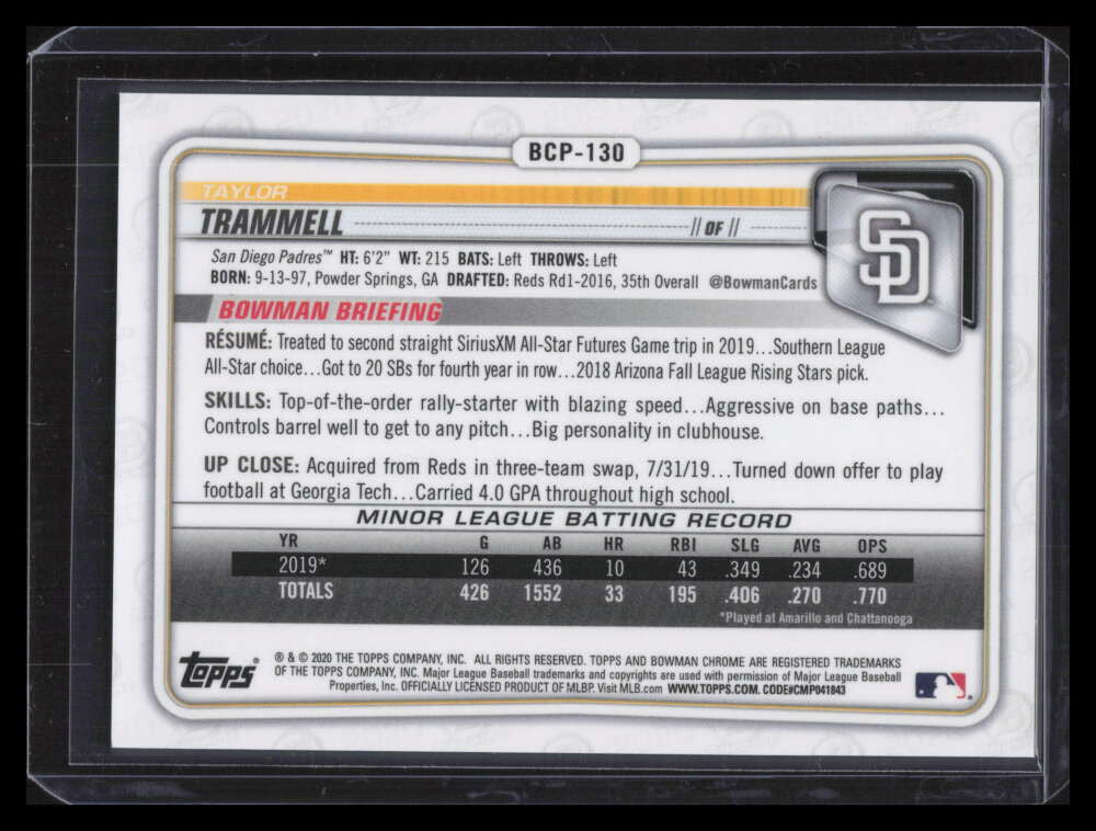 2020 Bowman Chrome Sapphire Purple Refractor bcp130 Taylor Trammell Rookie 4/20