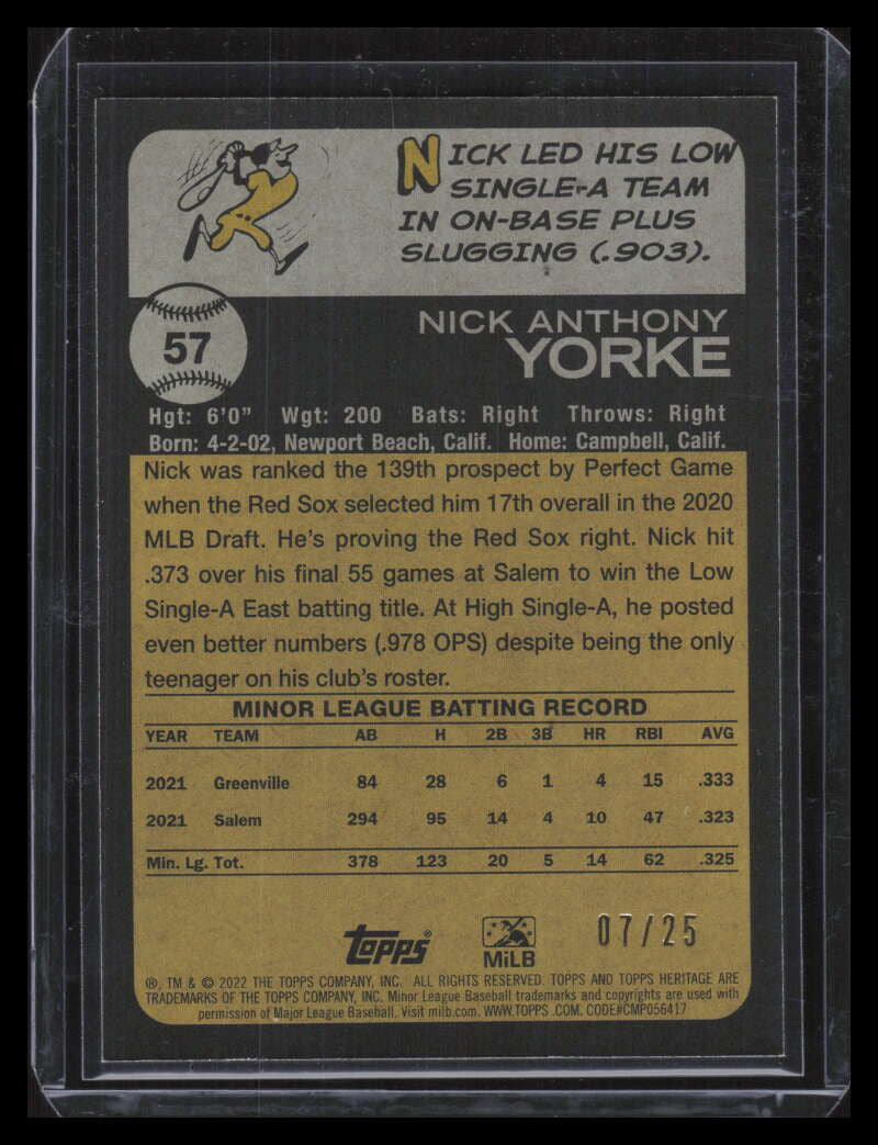 2022 Topps Heritage Minors Flip Stock 57 Nick Yorke Rookie 7/25