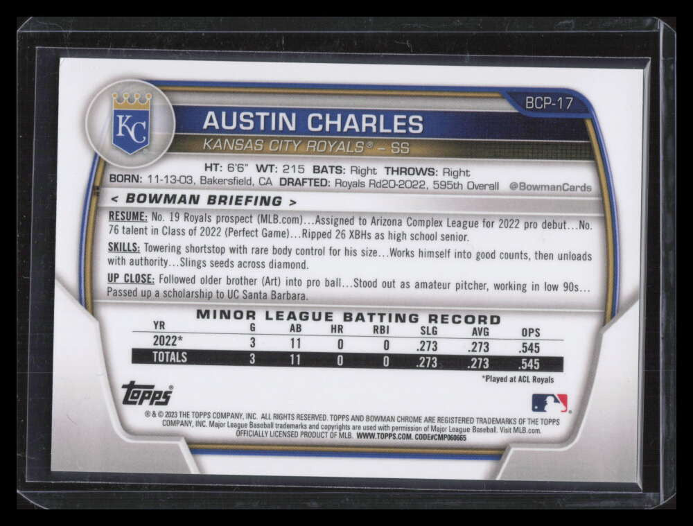 2023 Bowman Chrome Purple RayWave Refractor bcp17 Austin Charles Rookie 1/250
