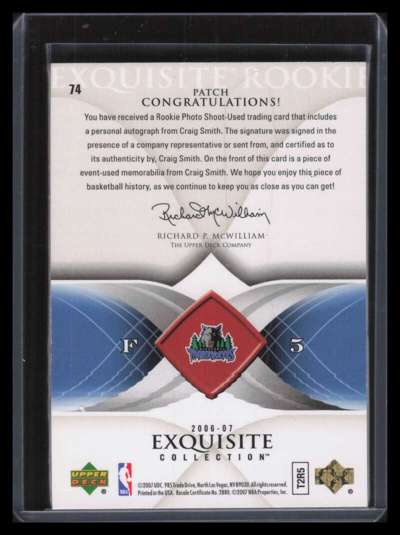 2006-07 Exquisite Collection 74 Craig Smith Rookie Patch Auto 146/225
