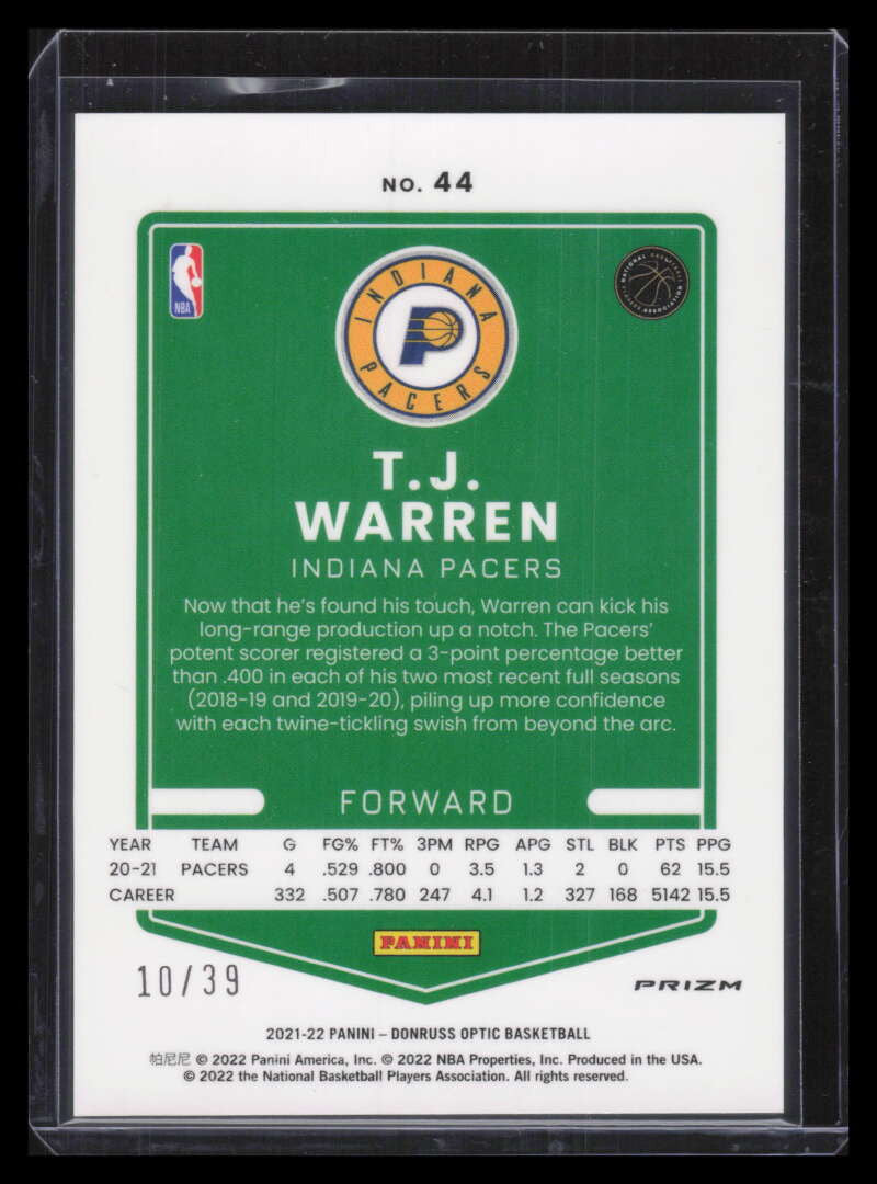 2021-22 Donruss Optic Black Velocity Refractor 44 T. J. Warren 10/39