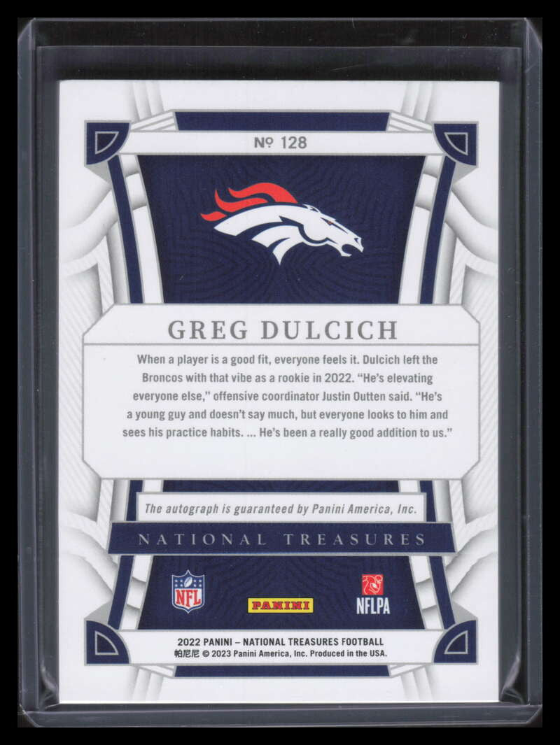 2022 Panini National Treasures Purple 128 Greg Dulcich Rookie 24/49