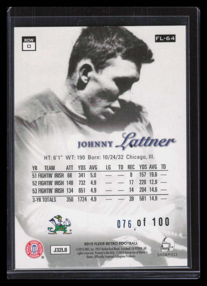 2012 Fleer Retro Flair Showcase Legacy Row 0 fl64 Johnny Lattner 76/100