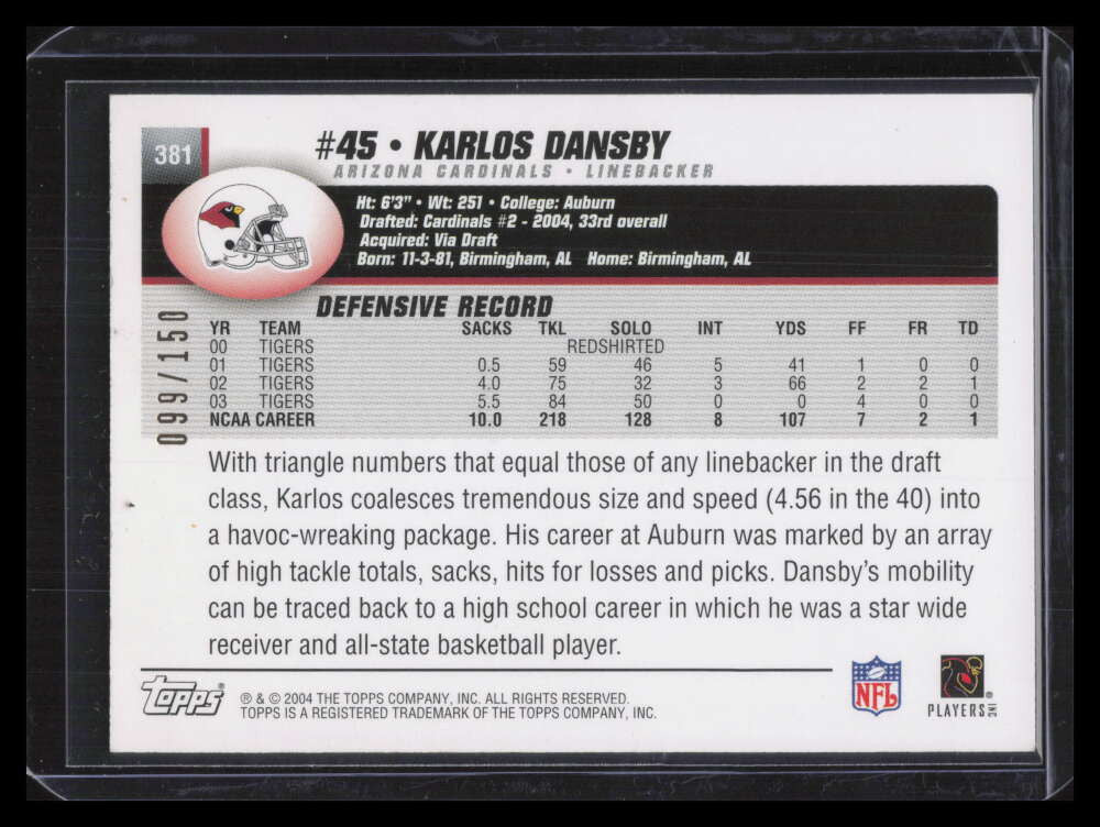 2004 Topps Black 381 Karlos Dansby Rookie 99/150