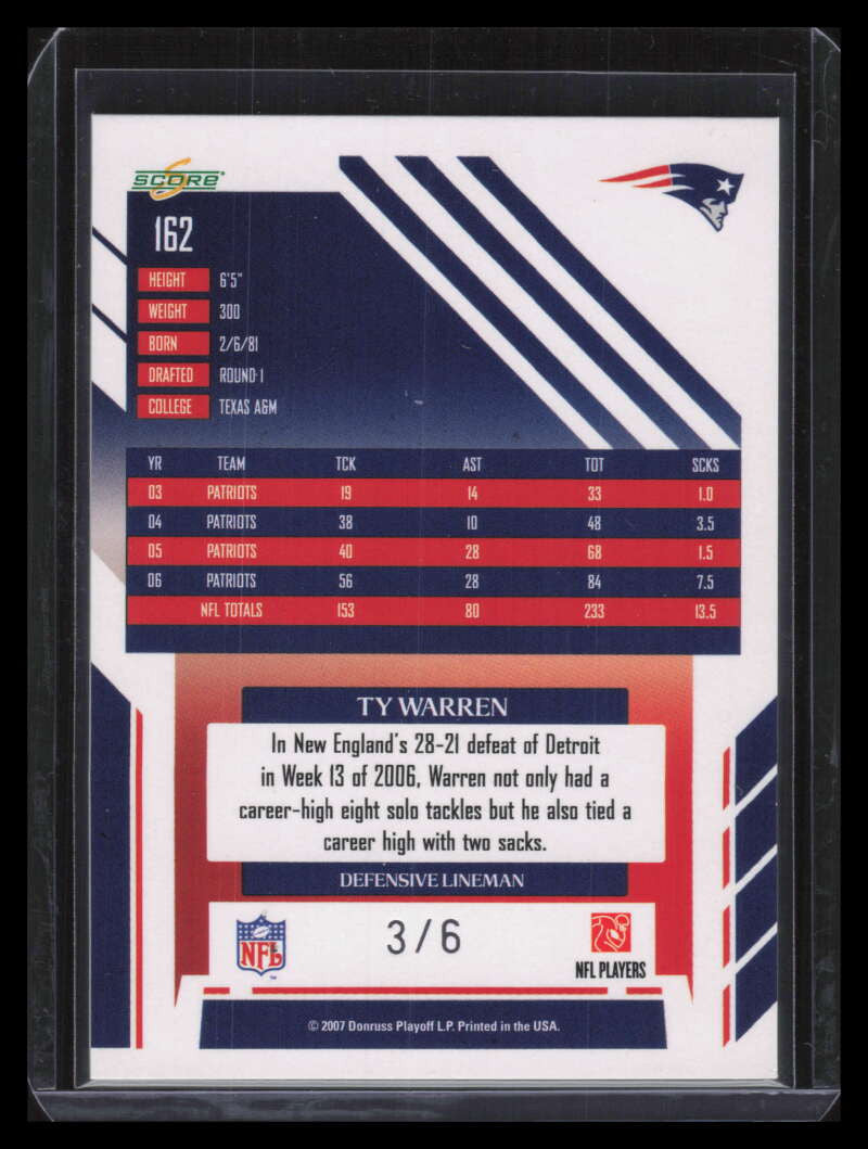2007 Select End Zone 162 Ty Warren 3/6