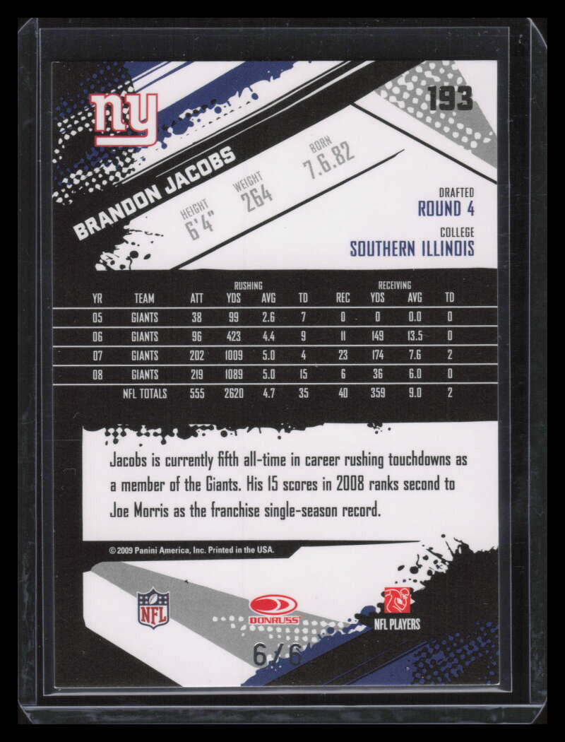 DELETE 136048 2009 Score Inscriptions End Zone 193 Brandon Jacobs 6/6