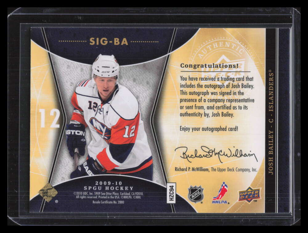 2009-10 SP Game Used SIGnificance SIGBA Josh Bailey Auto 15/50
