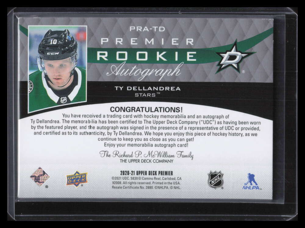 2020-21 Upper Deck Premier Autograph Ty Dellandrea Rookie Quad Jersey Auto 78/99