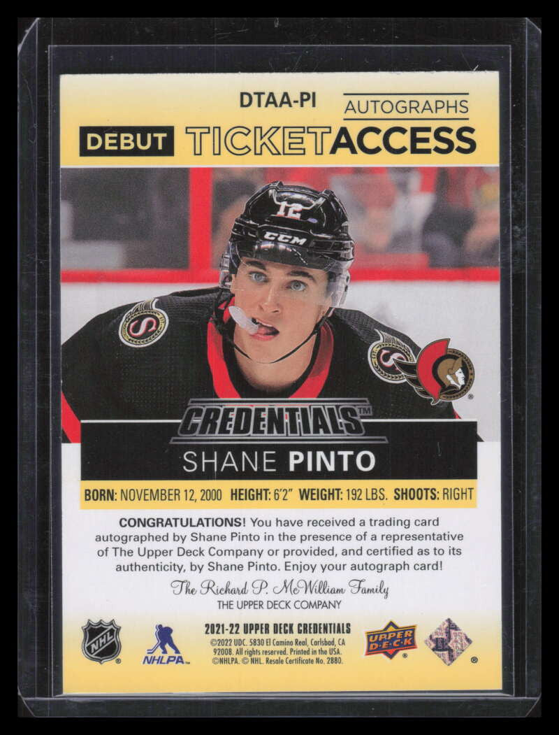 2021-22 Credentials Debut Ticket Access Autograph Shane Pinto Rookie Auto /125