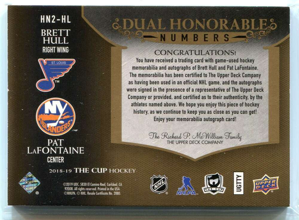 2018-19 The Cup Honorable Numbers LaFontaine Brett Hull Dual Patch Auto 10/16