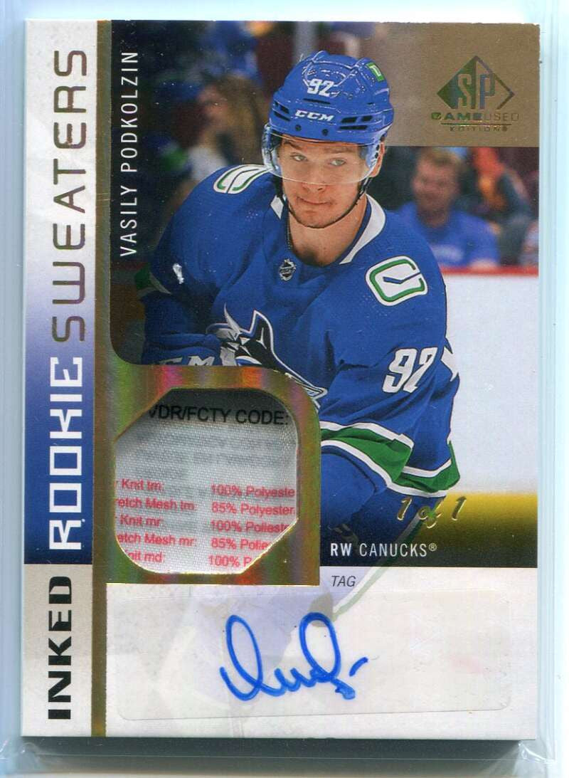 2021-22 SP Game Used Inked Sweaters Vasily Podkolzin Rookie Tag Patch Auto 1/1