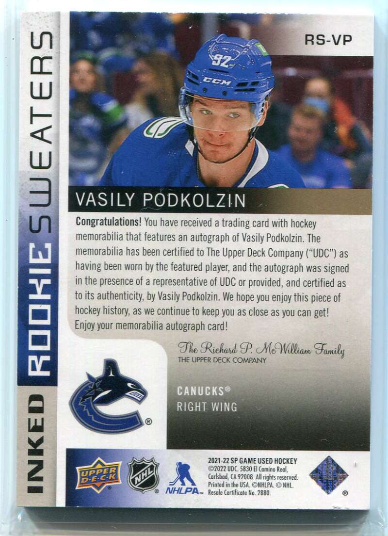 2021-22 SP Game Used Inked Sweaters Vasily Podkolzin Rookie Tag Patch Auto 1/1